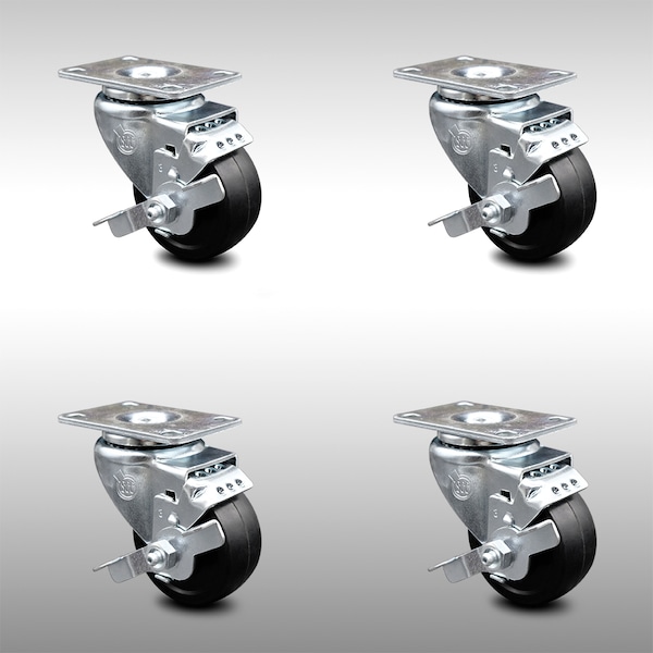3 Inch SS Soft Rubber Swivel Top Plate Caster Set with Brake